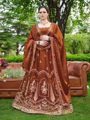 Rust Zari Sequin Embroidered Lehenga