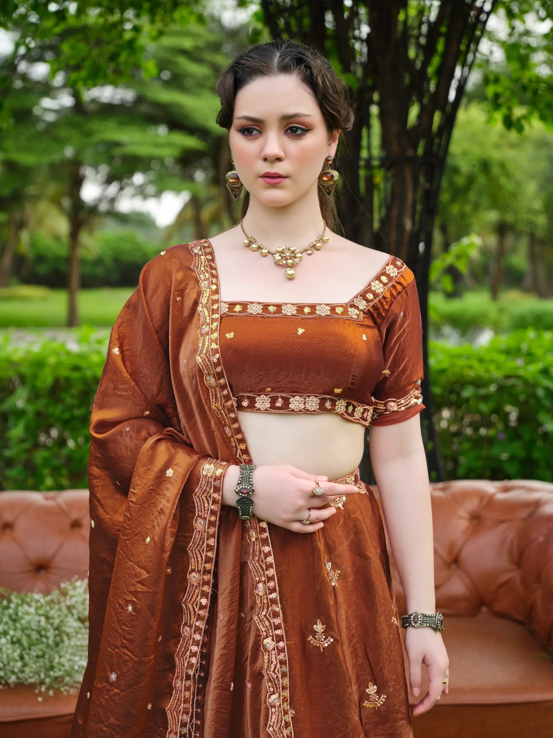 Rust Zari Sequin Embroidered Lehenga