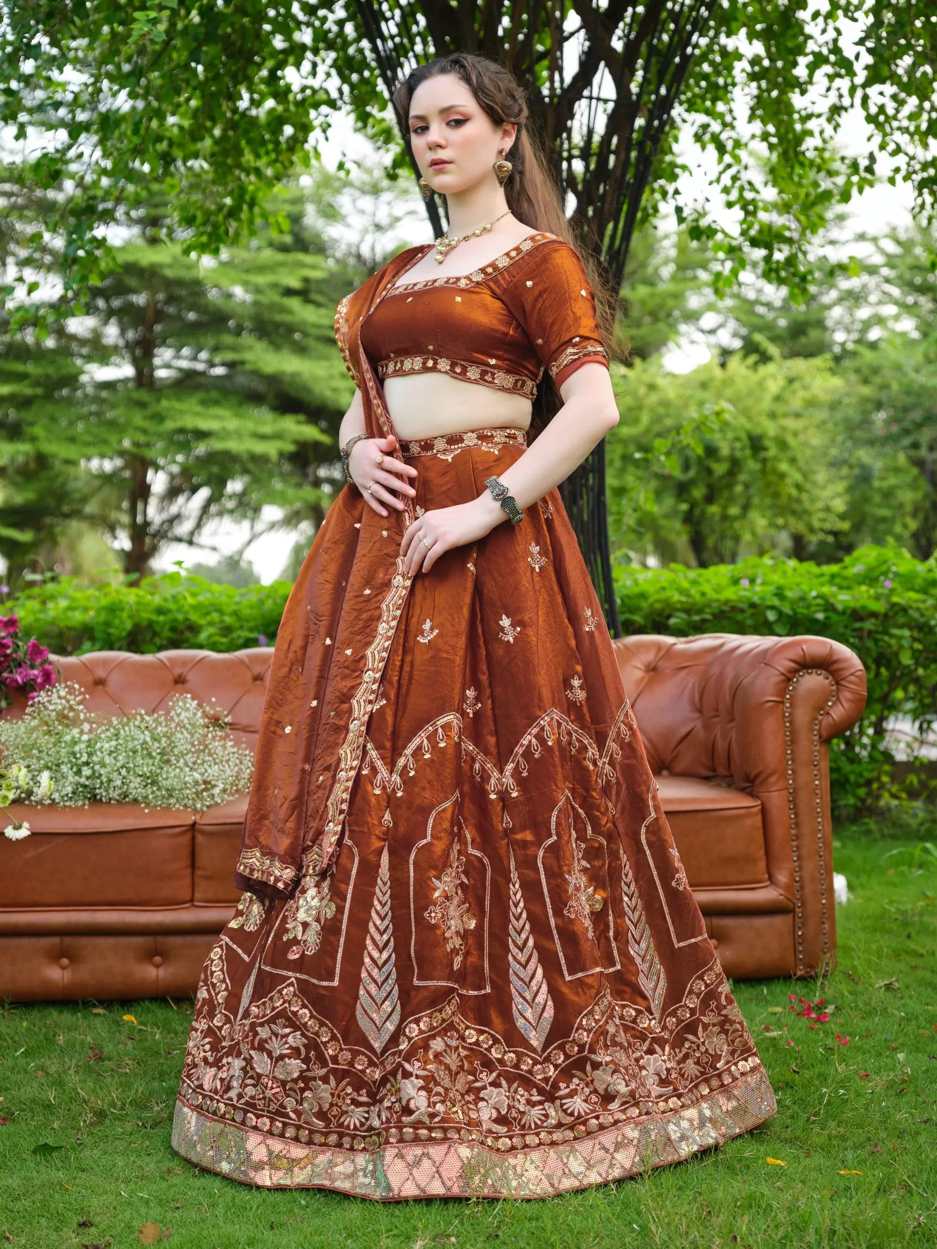 Rust Zari Sequin Embroidered Lehenga