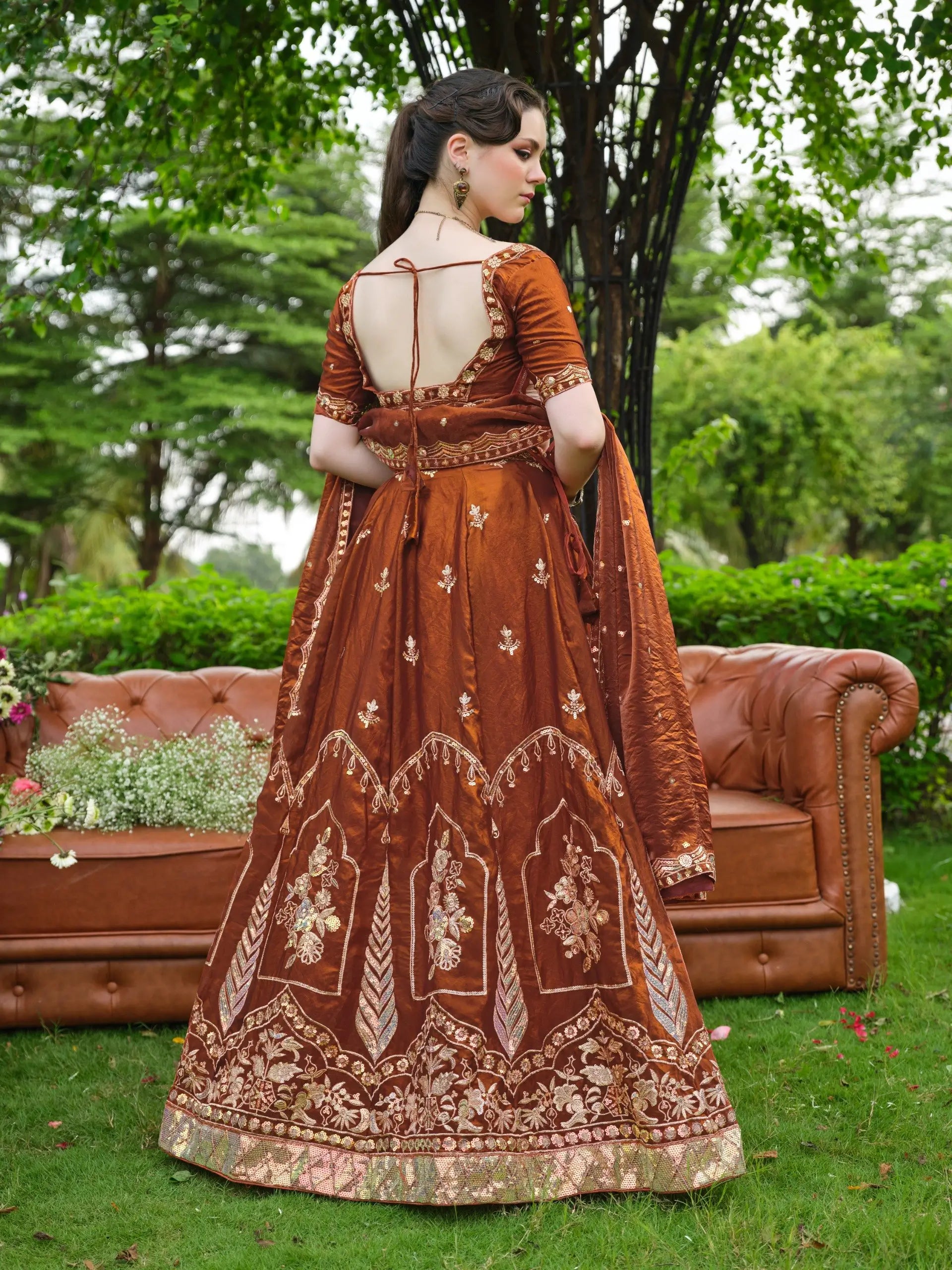 Rust Zari Sequin Embroidered Lehenga