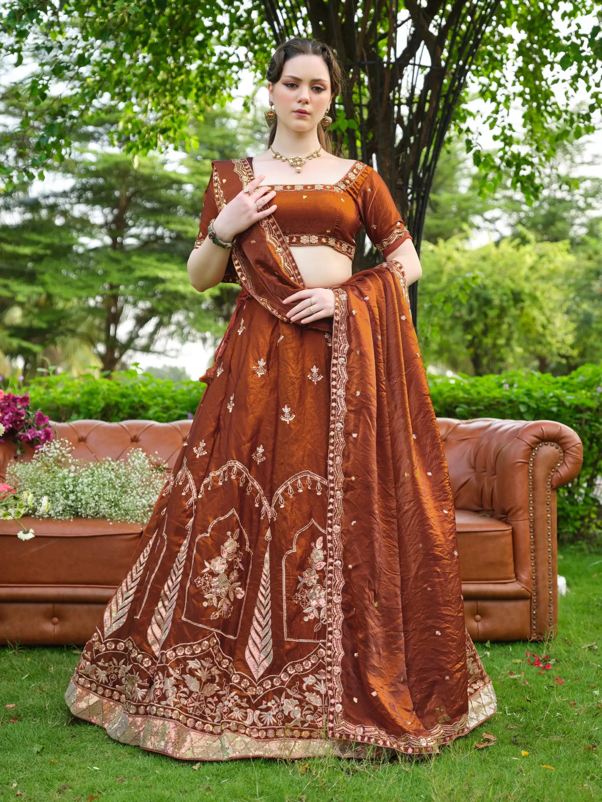 Rust Zari Sequin Embroidered Lehenga
