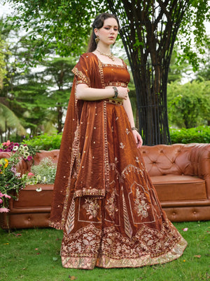 Rust Zari Sequin Embroidered Lehenga