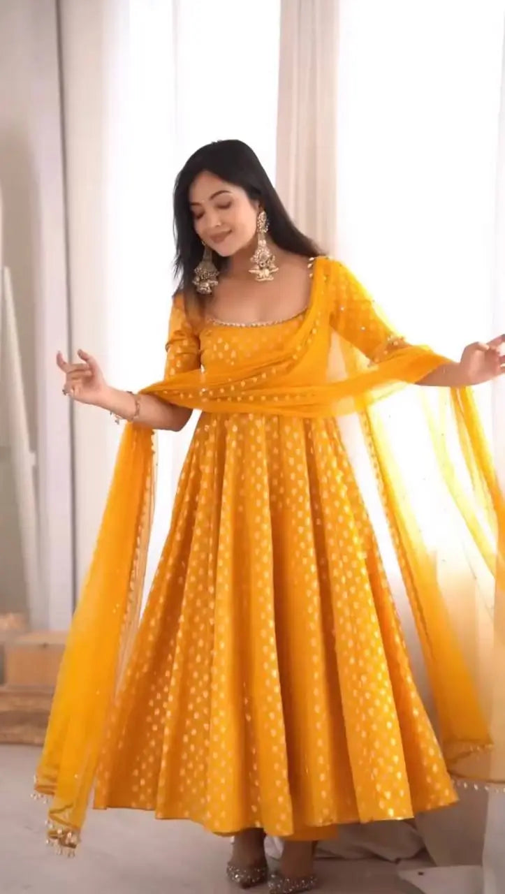 Saffron Butti Jacquard Anarkali Set