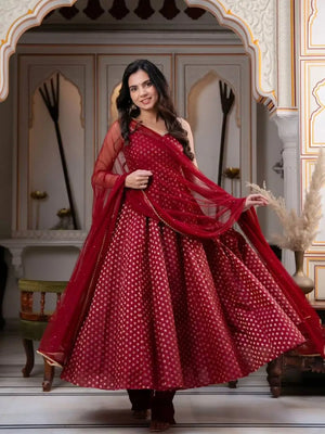 Saffron Butti Jacquard Anarkali Set
