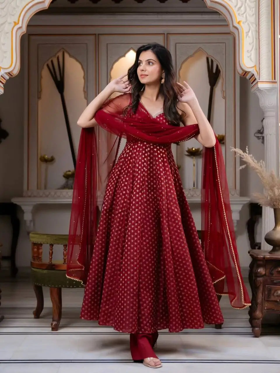 Saffron Butti Jacquard Anarkali Set