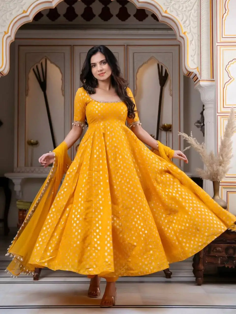 Saffron Butti Jacquard Anarkali Set