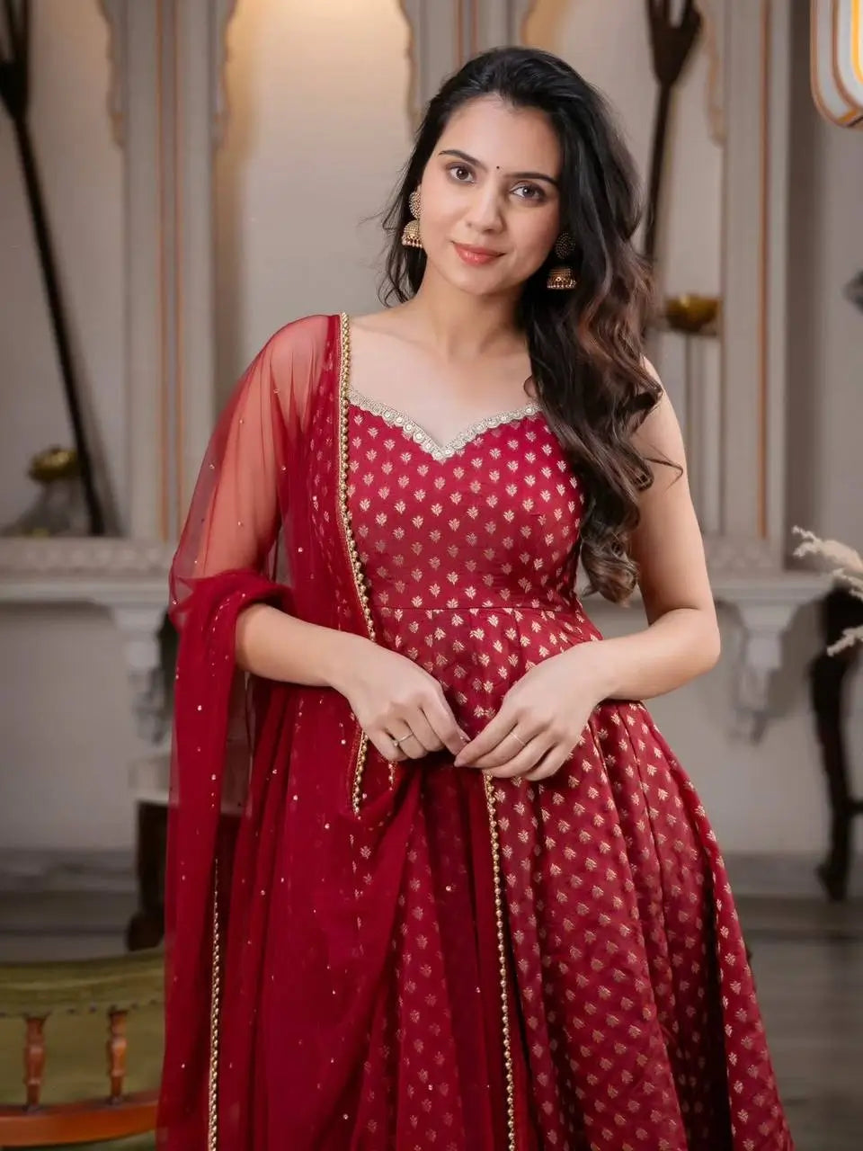 Saffron Butti Jacquard Anarkali Set