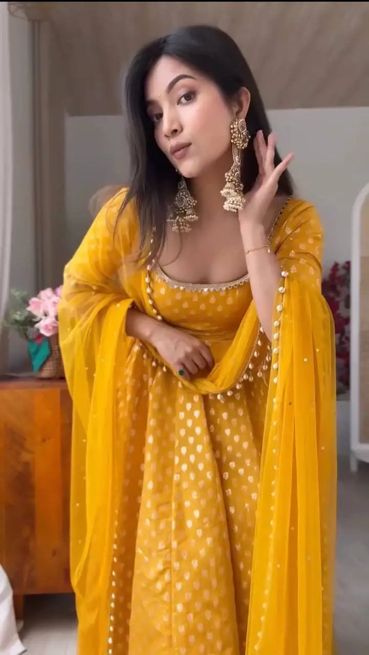 Saffron Butti Jacquard Anarkali Set