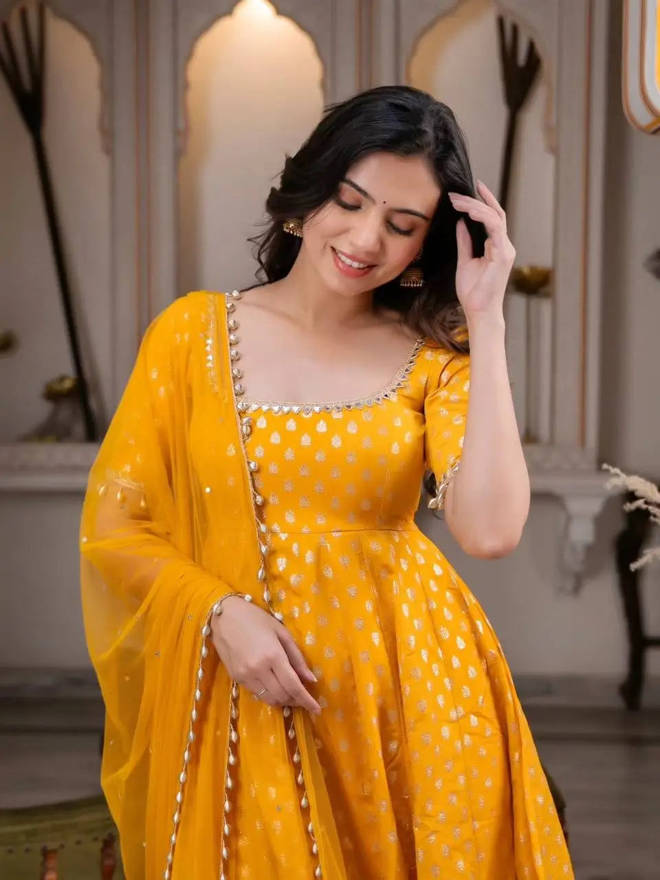 Saffron Butti Jacquard Anarkali Set