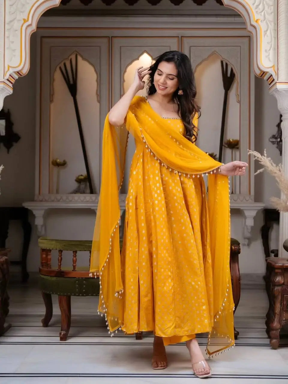 Saffron Butti Jacquard Anarkali Set