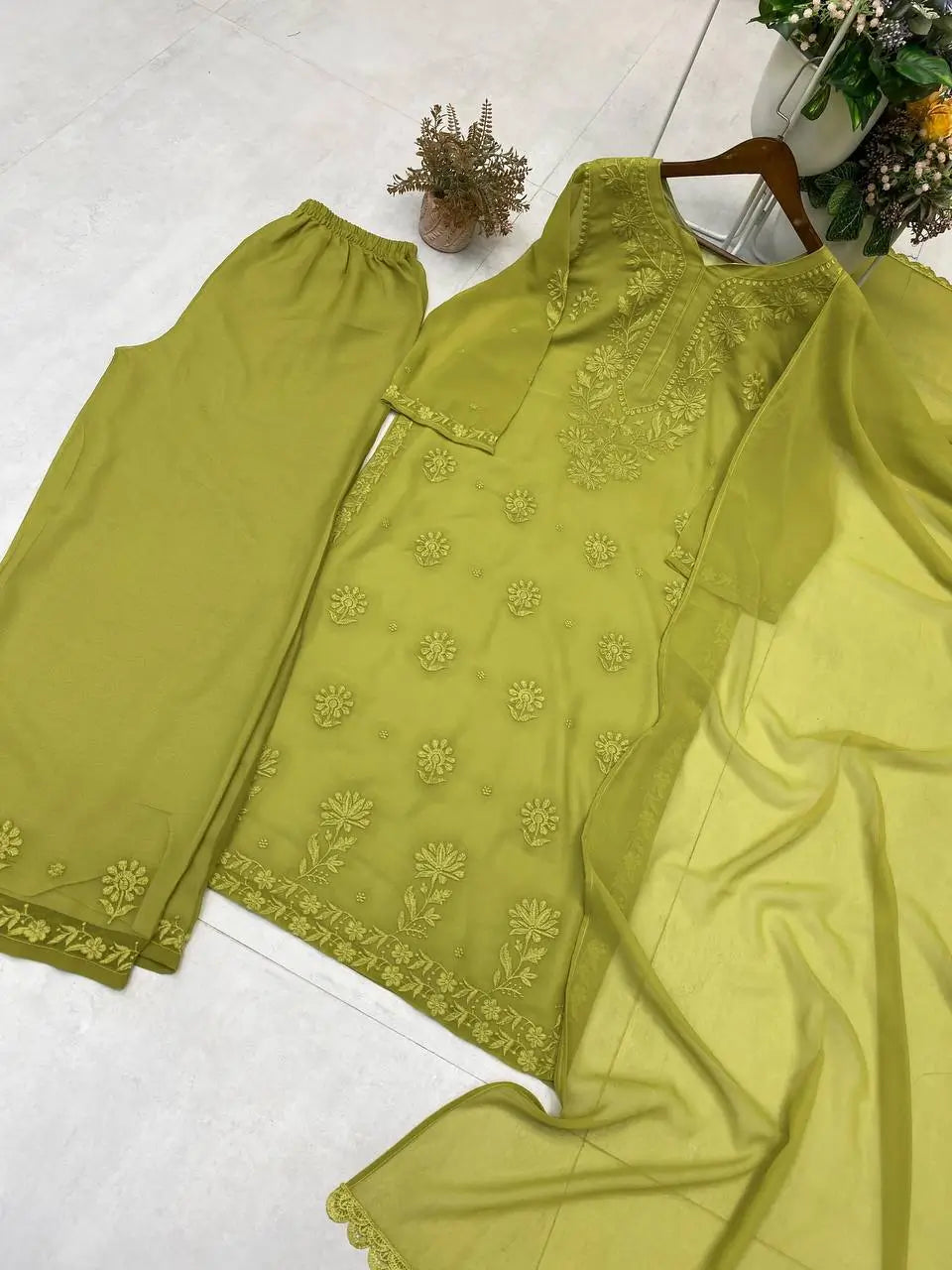 Sage Chikankari Georgette Suit Set