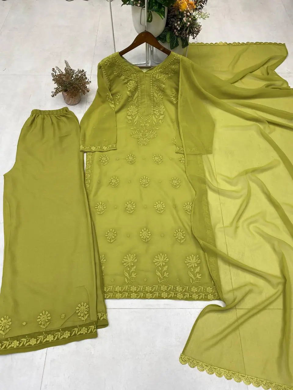 Sage Chikankari Georgette Suit Set