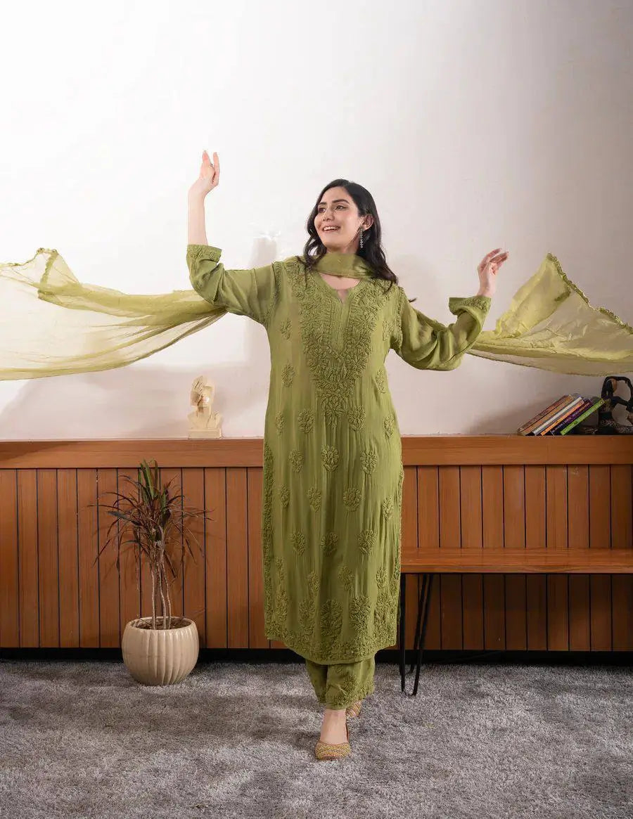 Sage Chikankari Georgette Suit Set