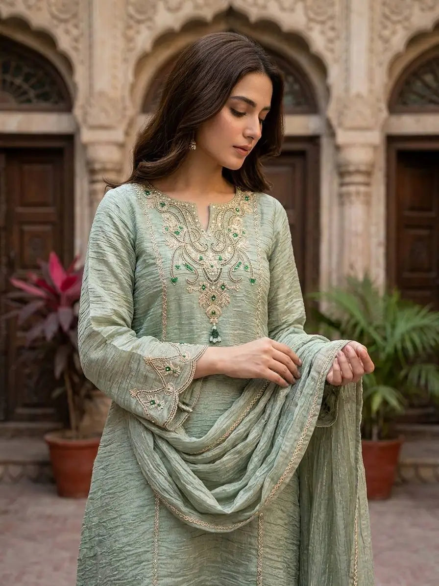 Sage Cording Stone Sharara Set