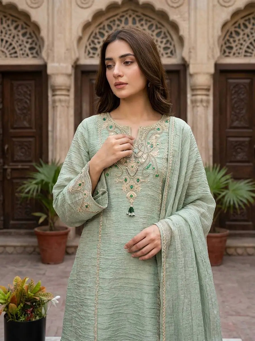 Sage Cording Stone Sharara Set