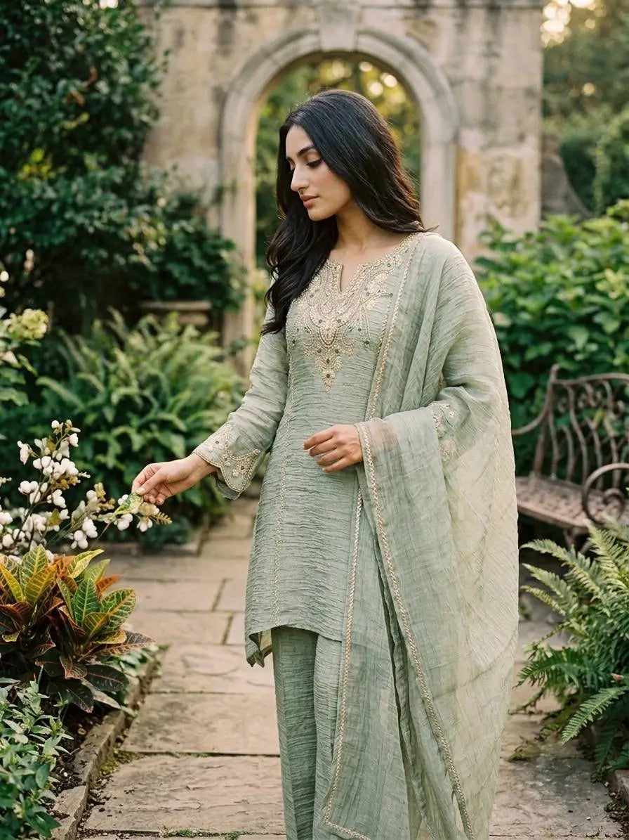 Sage Cording Stone Sharara Set