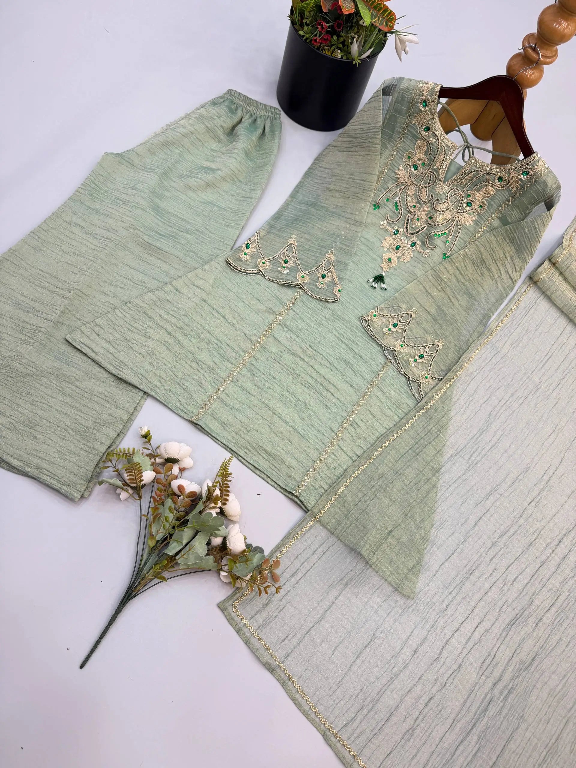 Sage Cording Stone Sharara Set