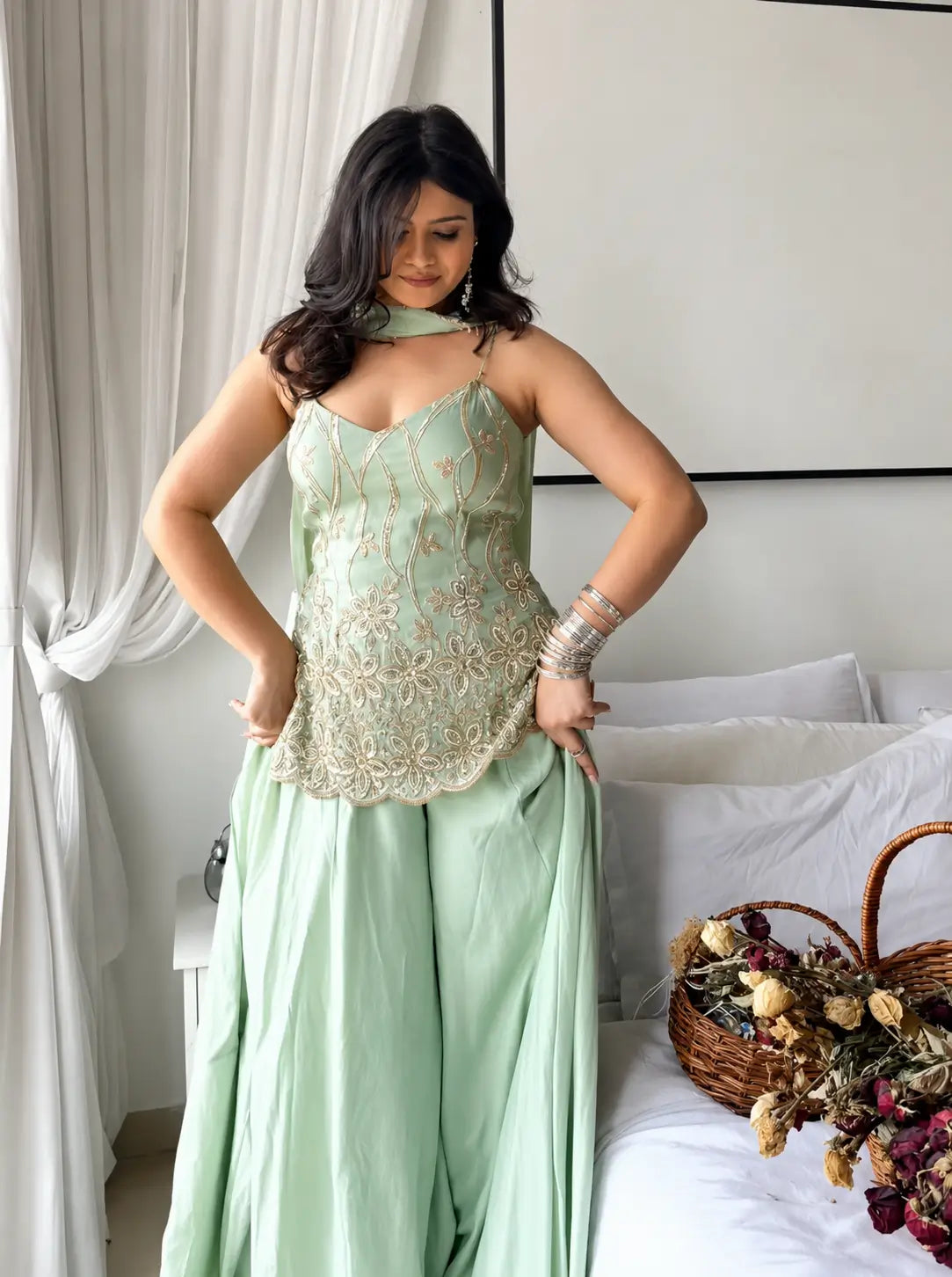 Sage Floral Embroidered Kurti Set