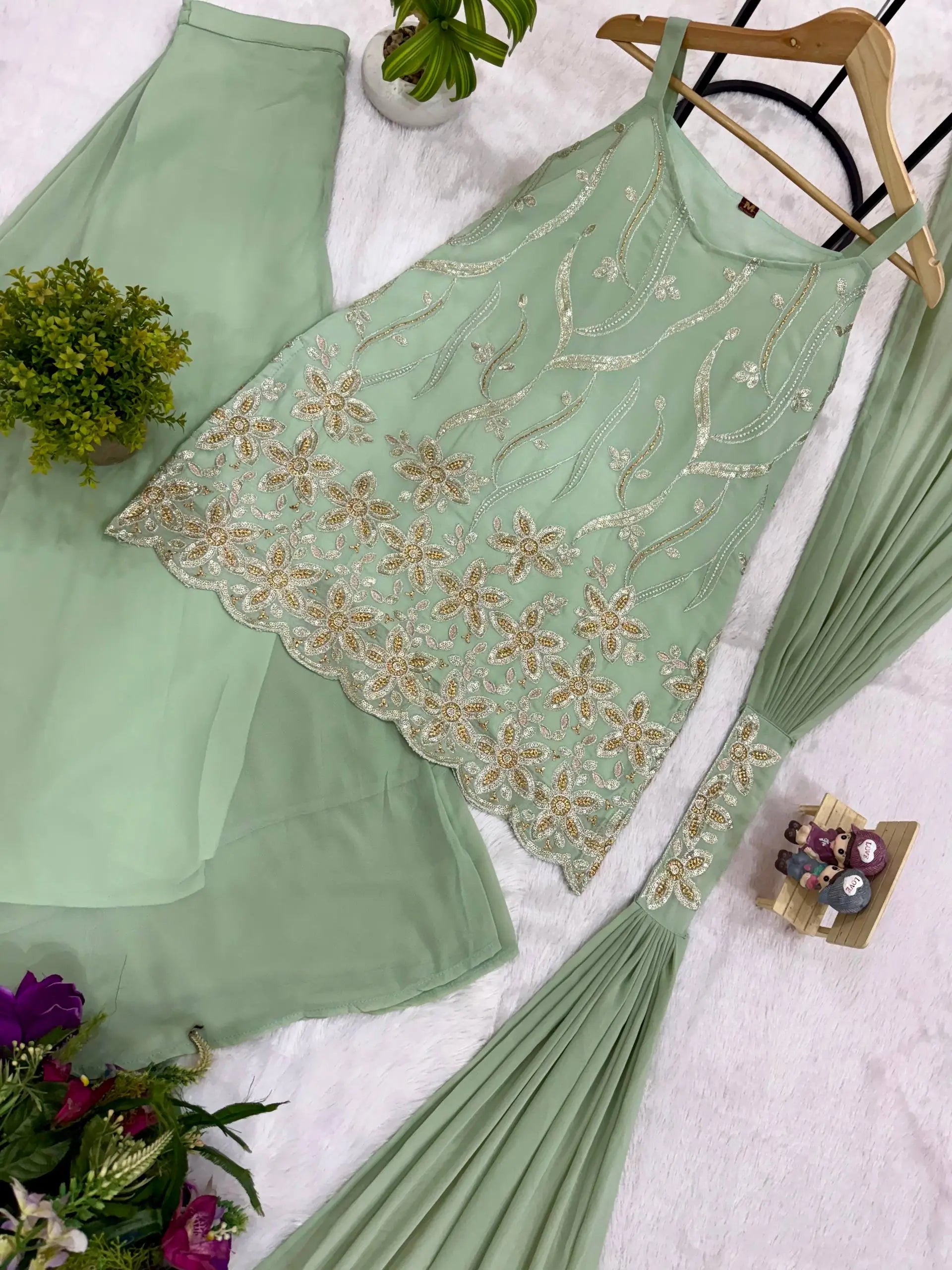 Sage Floral Embroidered Kurti Set