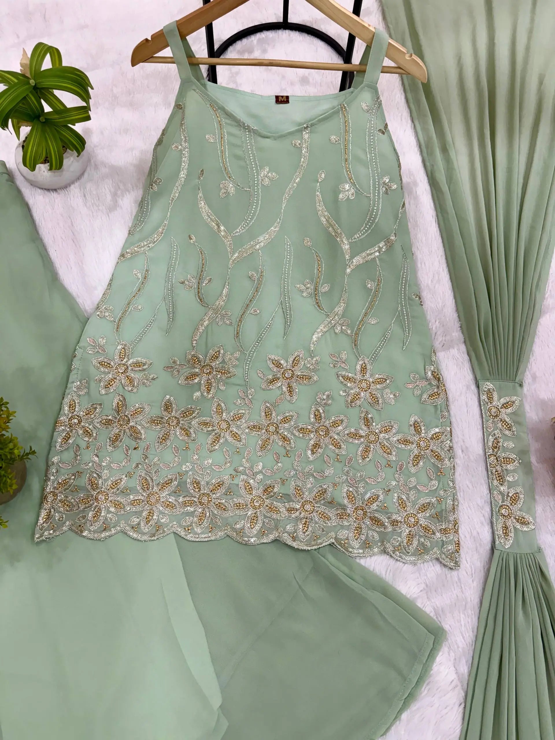 Sage Floral Embroidered Kurti Set