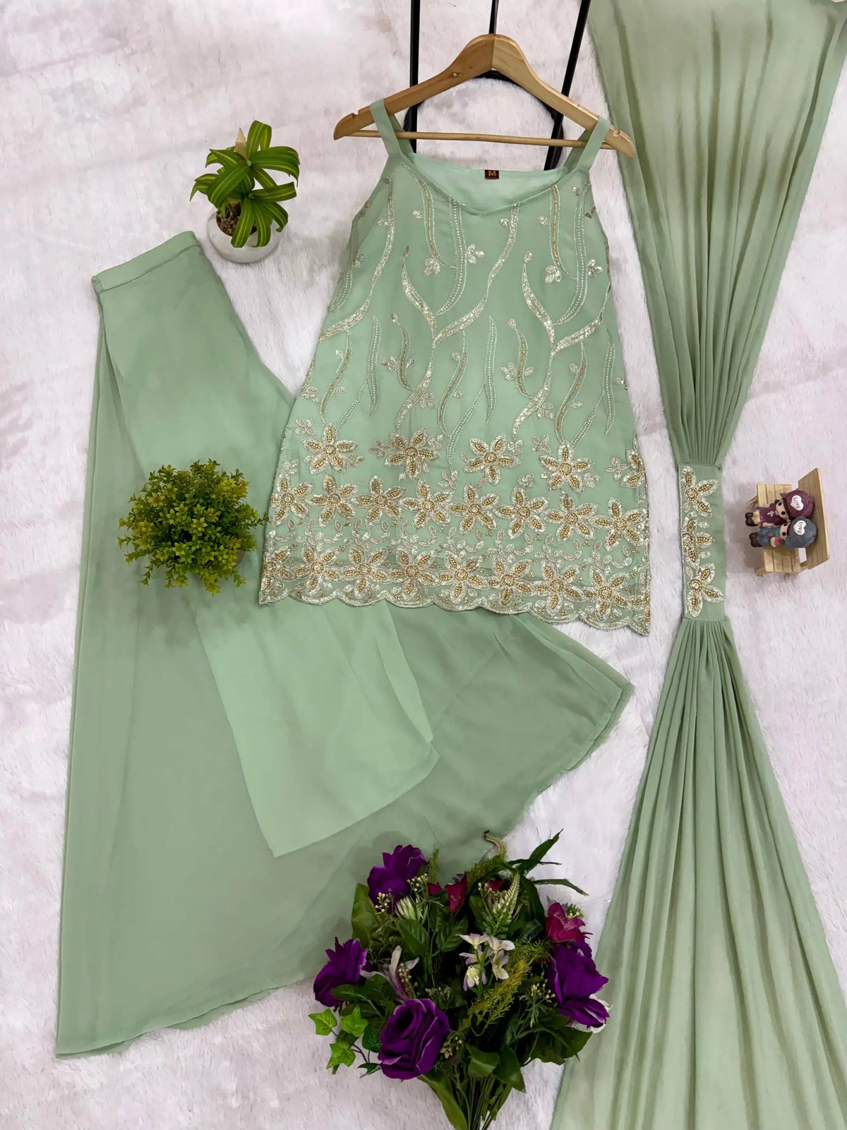 Sage Floral Embroidered Kurti Set