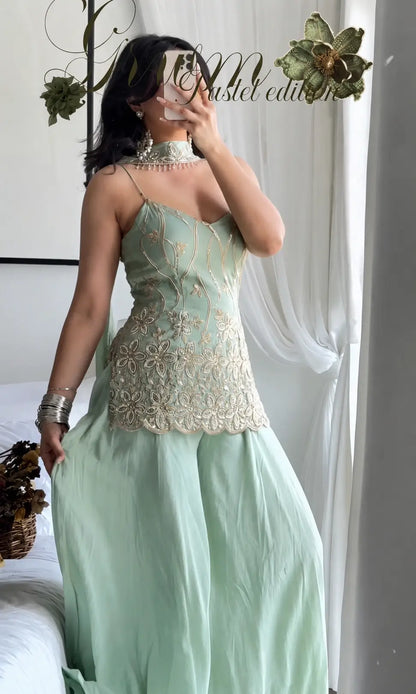 Sage Floral Embroidered Kurti Set