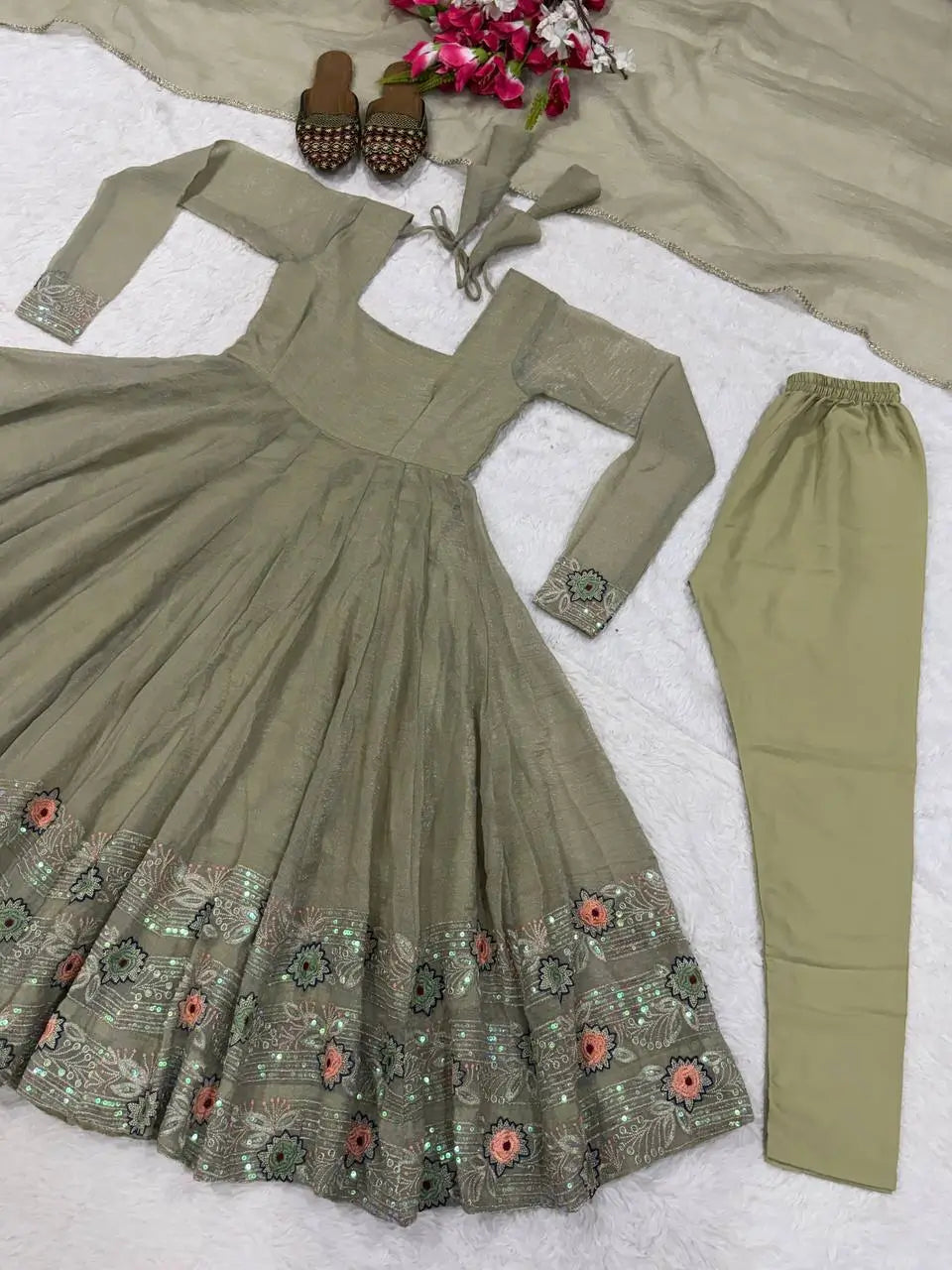 Sage Floral Sequin Anarkali