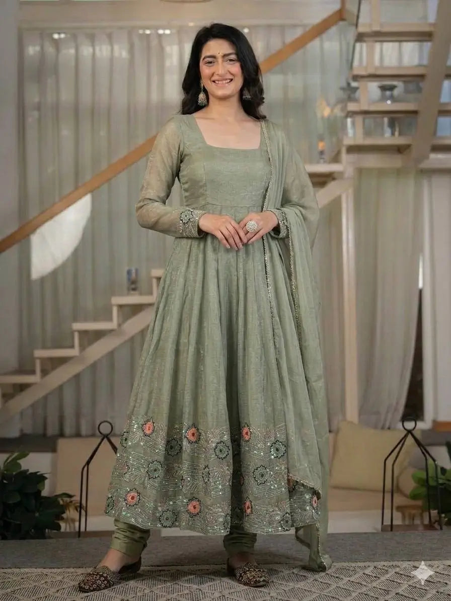 Sage Floral Sequin Anarkali