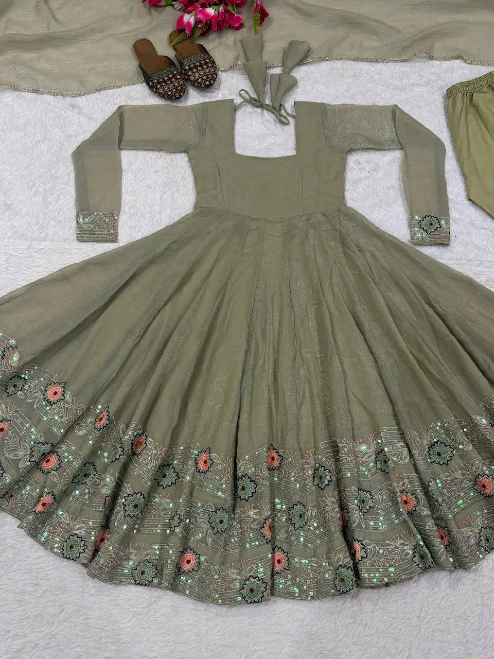 Sage Floral Sequin Anarkali