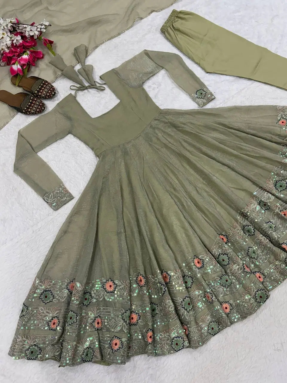 Sage Floral Sequin Anarkali
