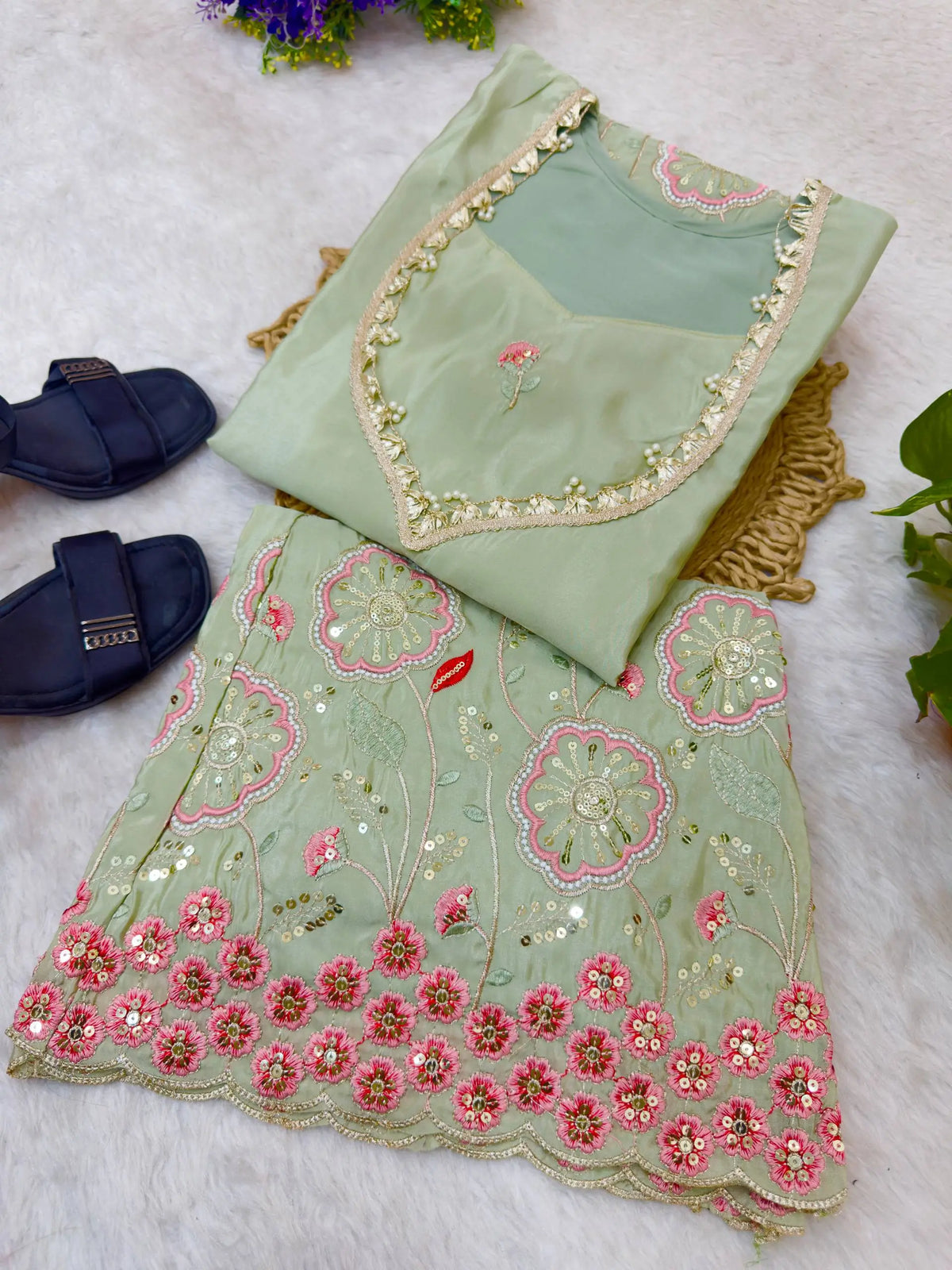 Sage Floral Sequin Kurta Set
