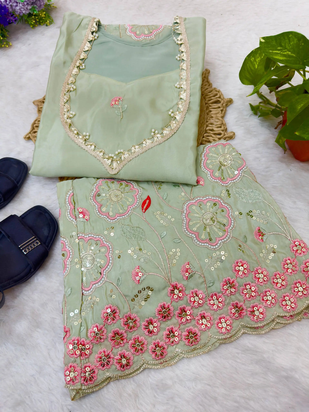 Sage Floral Sequin Kurta Set