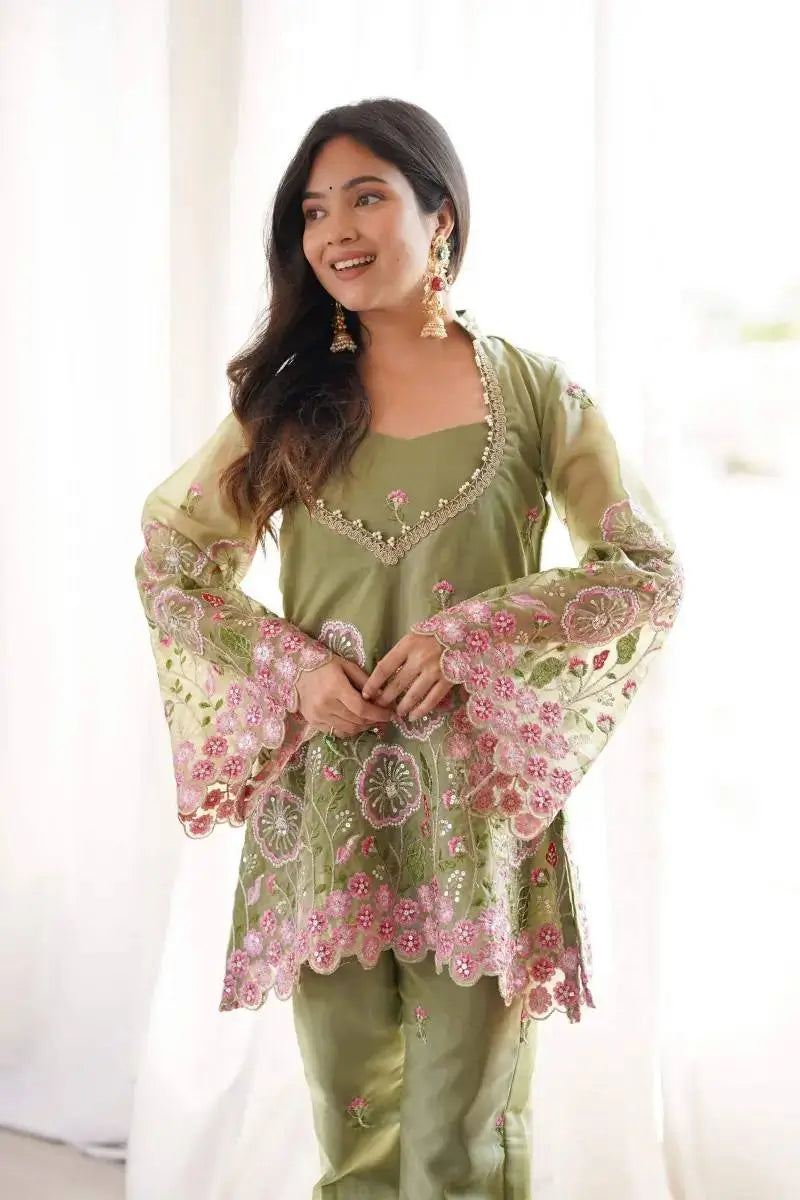 Sage Floral Sequin Kurta Set