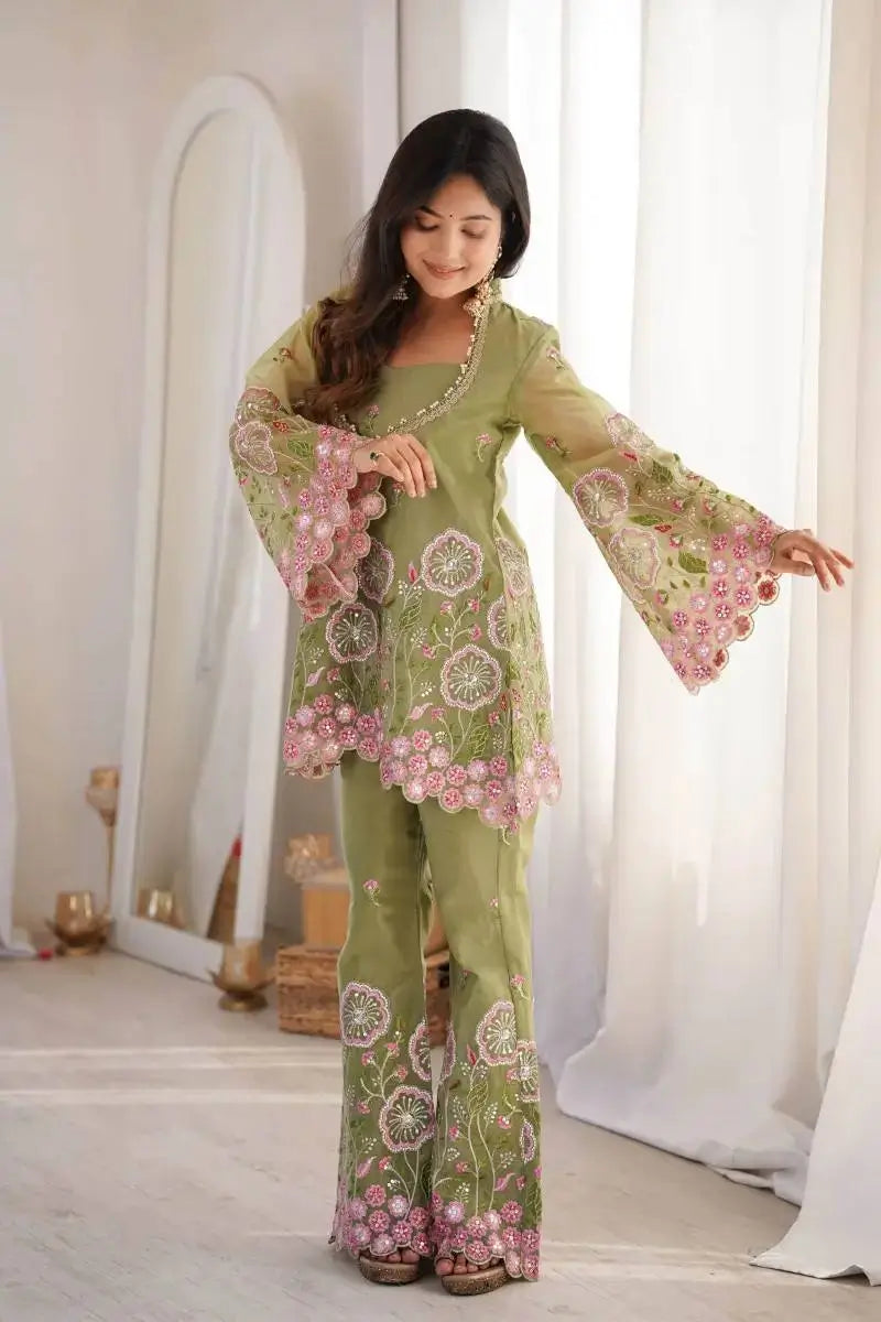 Sage Floral Sequin Kurta Set