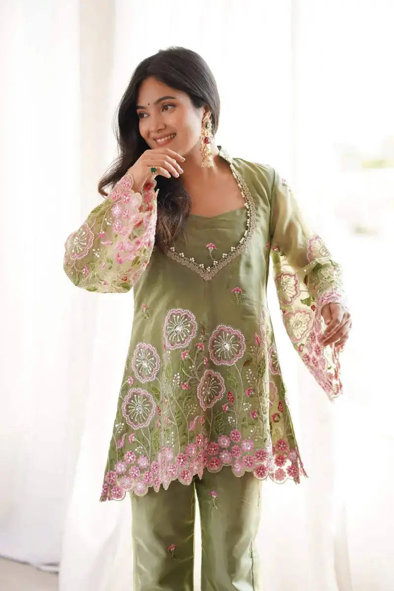 Sage Floral Sequin Kurta Set