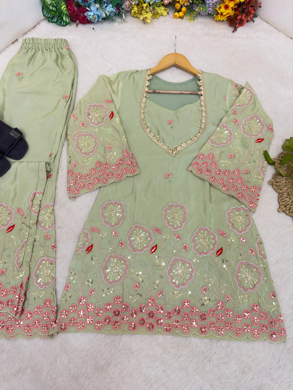 Sage Floral Sequin Kurta Set