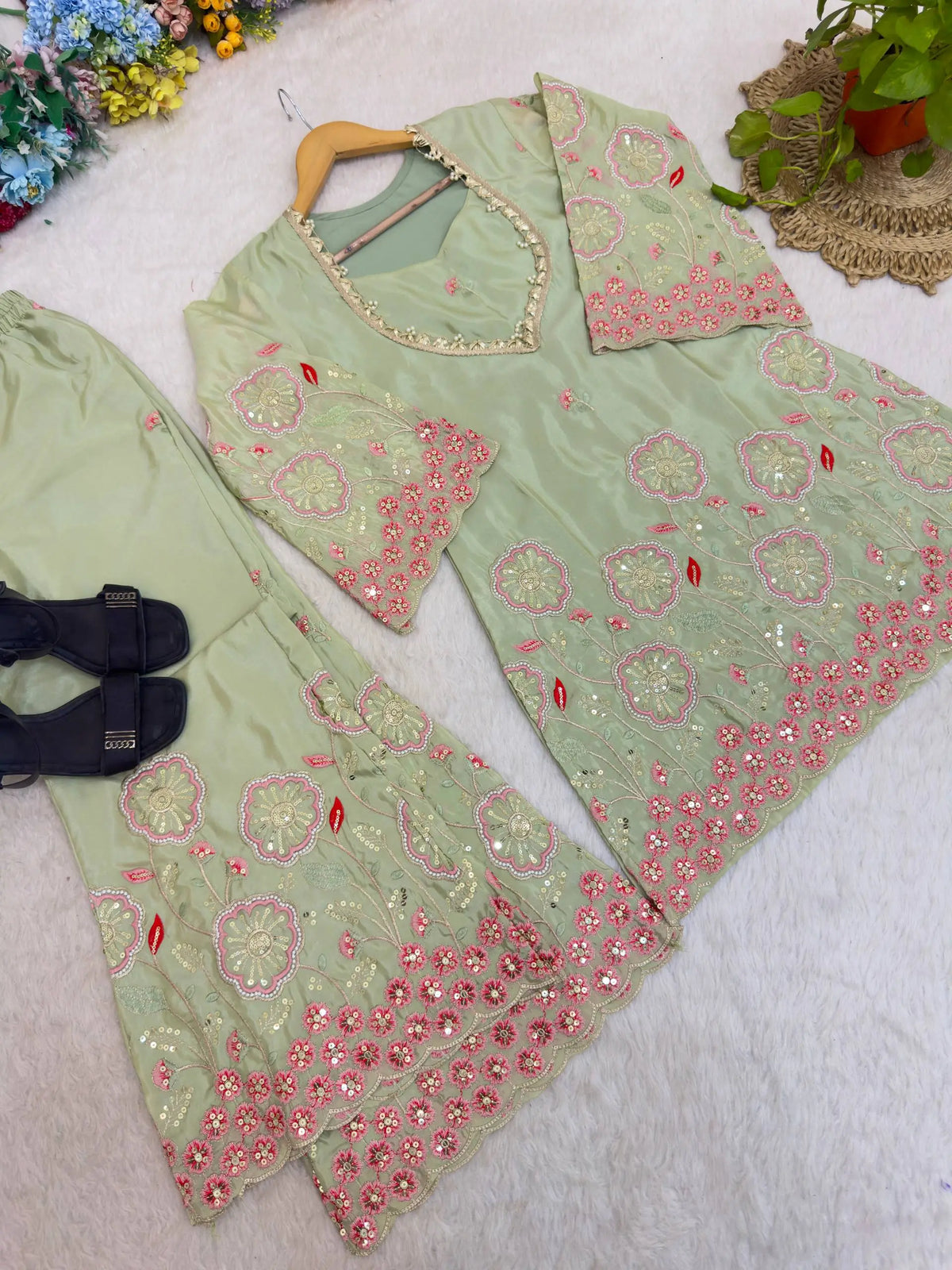 Sage Floral Sequin Kurta Set