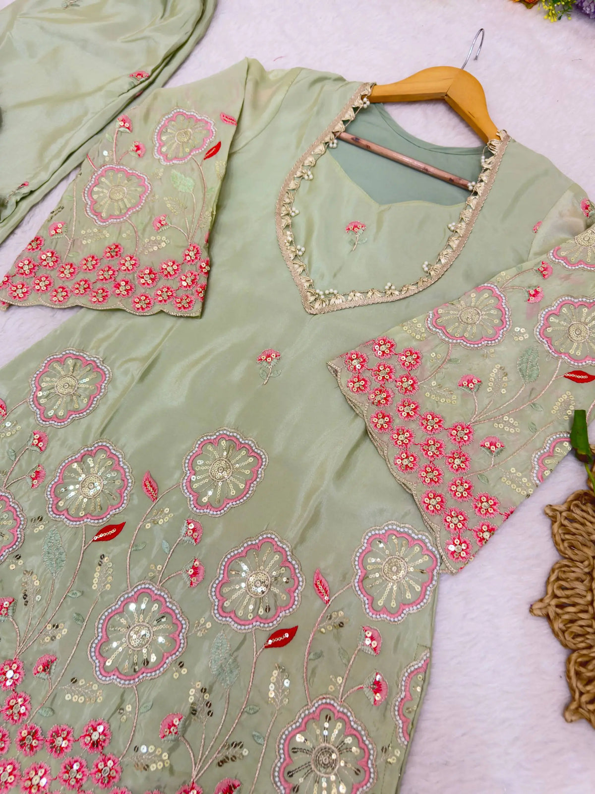 Sage Floral Sequin Kurta Set