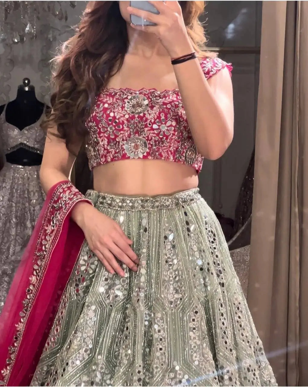 Sage Pink Mirror Work Lehenga