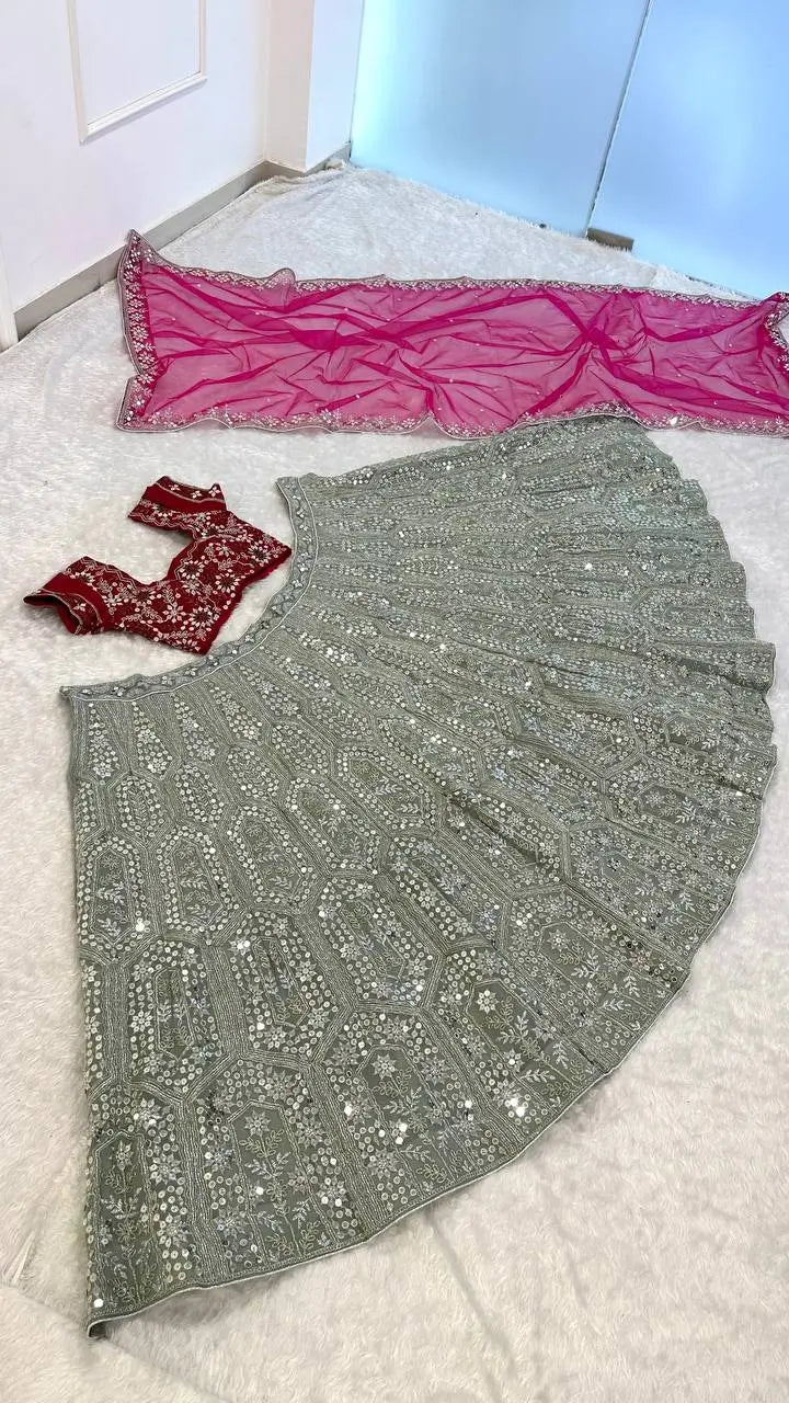 Sage Pink Mirror Work Lehenga