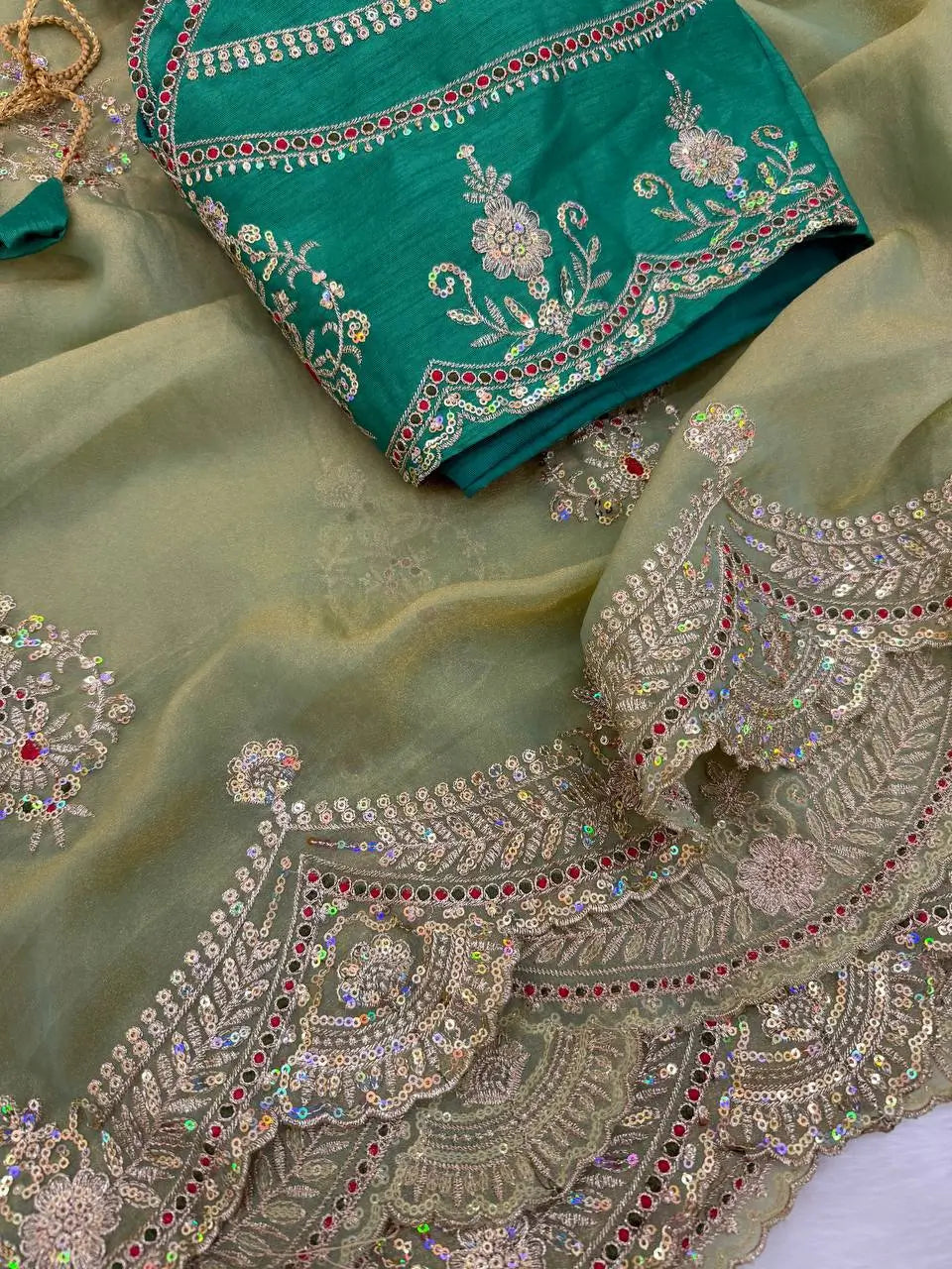 Sage Sequin Embroidered Chiffon Saree