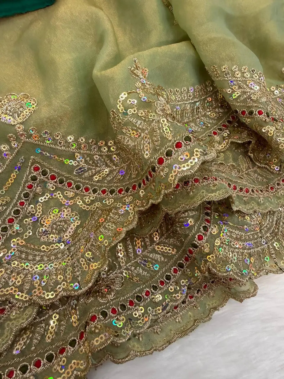 Sage Sequin Embroidered Chiffon Saree