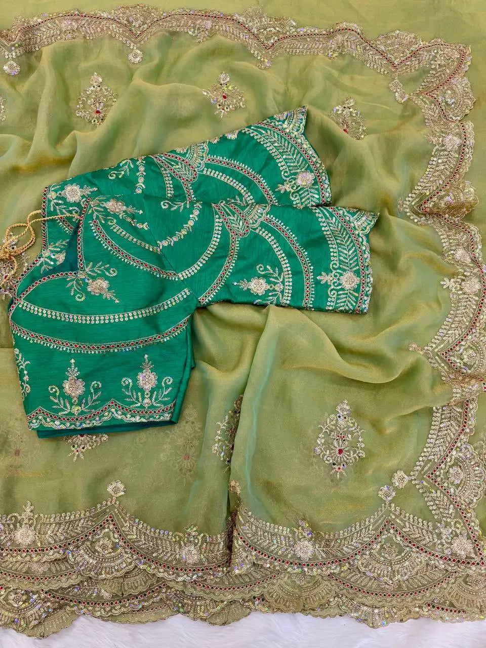 Sage Sequin Embroidered Chiffon Saree