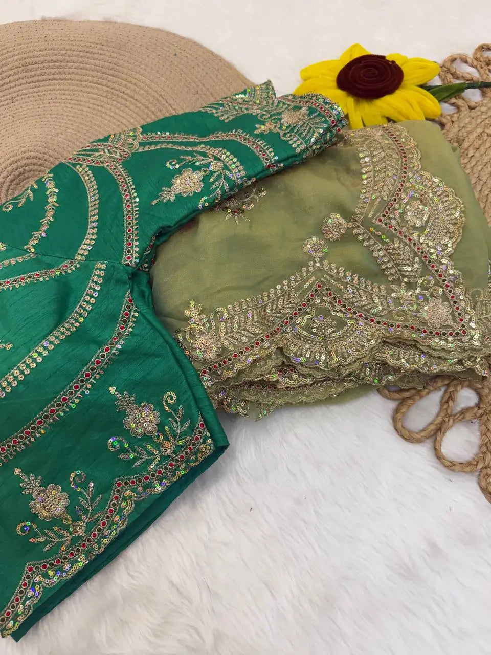 Sage Sequin Embroidered Chiffon Saree