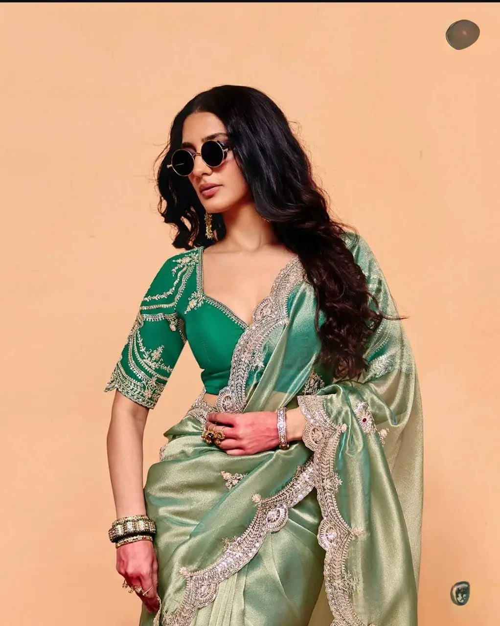 Sage Sequin Embroidered Chiffon Saree