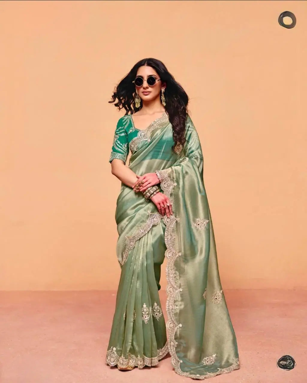 Sage Sequin Embroidered Chiffon Saree