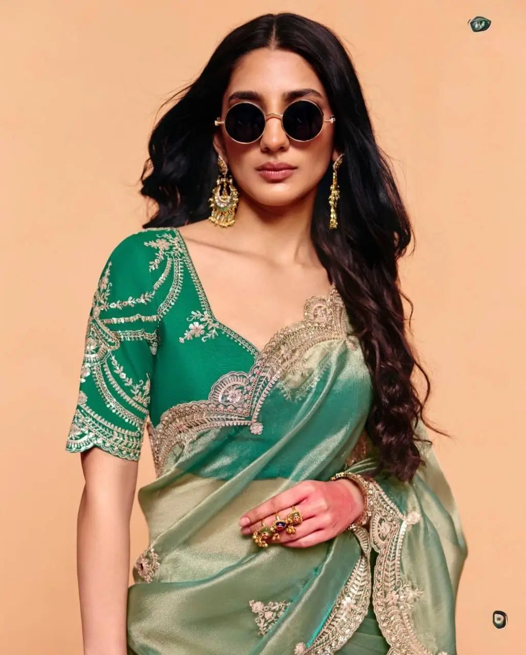 Sage Sequin Embroidered Chiffon Saree
