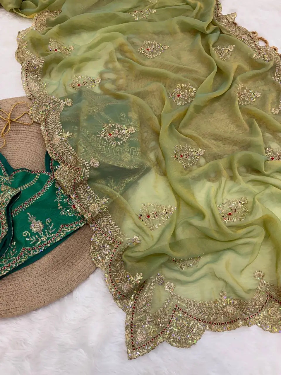 Sage Sequin Embroidered Chiffon Saree