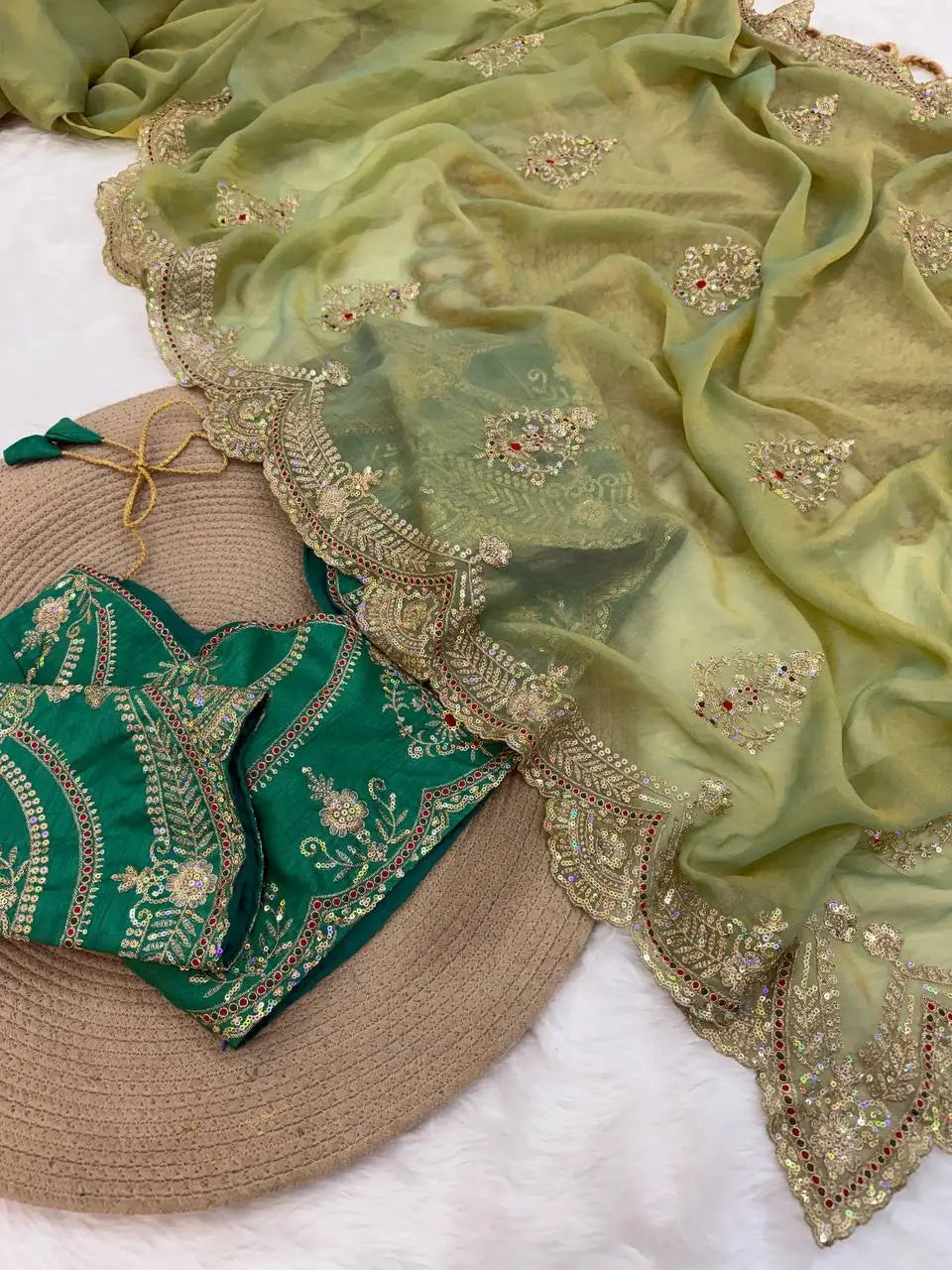 Sage Sequin Embroidered Chiffon Saree