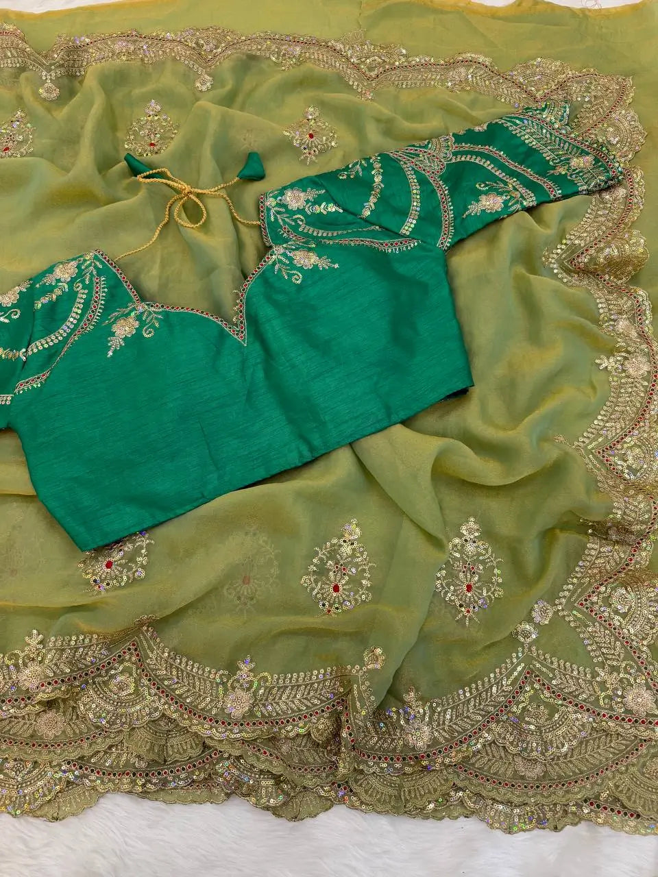 Sage Sequin Embroidered Chiffon Saree